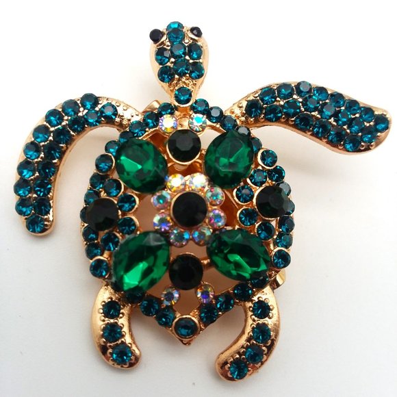 Turtle Brooch Rhinestone Pin Stylish Sea Sparkle Glam Inlayed Bold Tortoise NEW - Picture 2 of 5